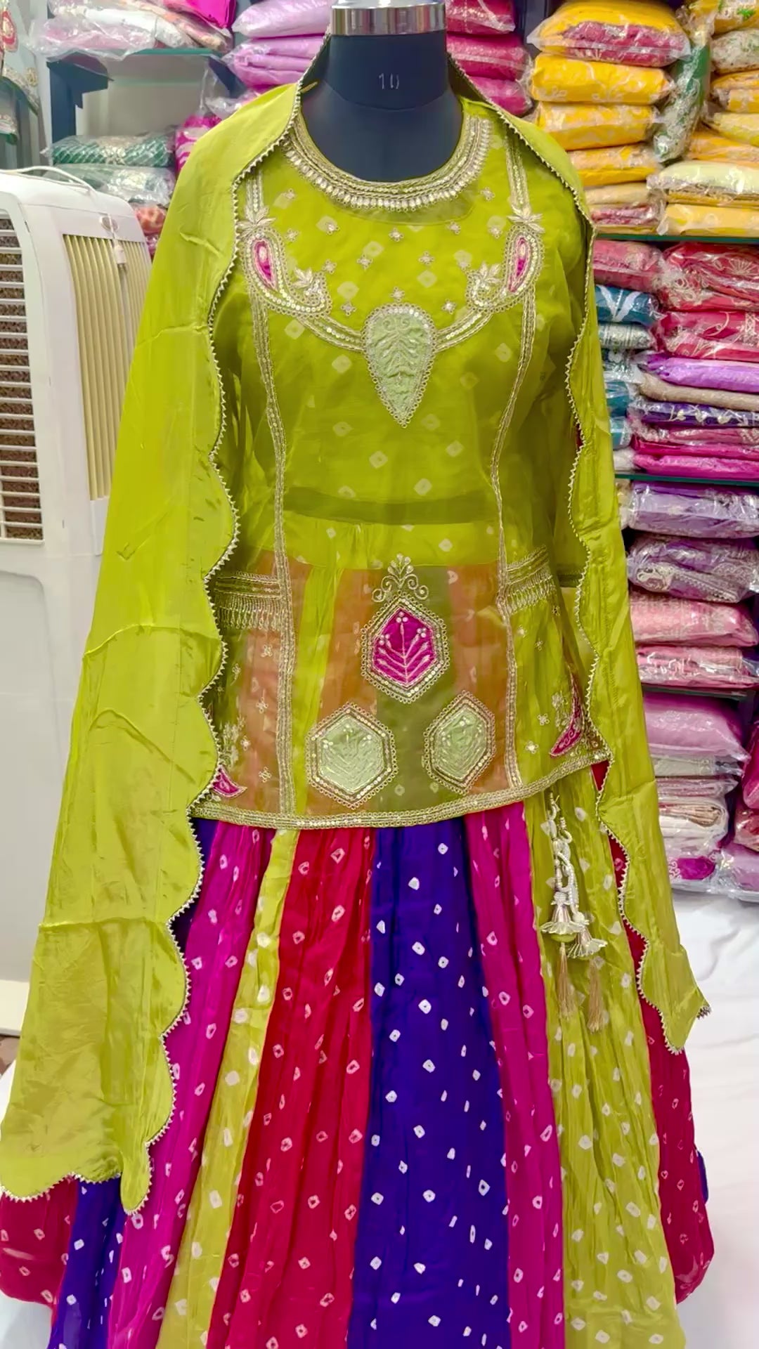 Allia Green handwork Choli with Multicolor Bandhani Silk Lehenga & Dupatta Set