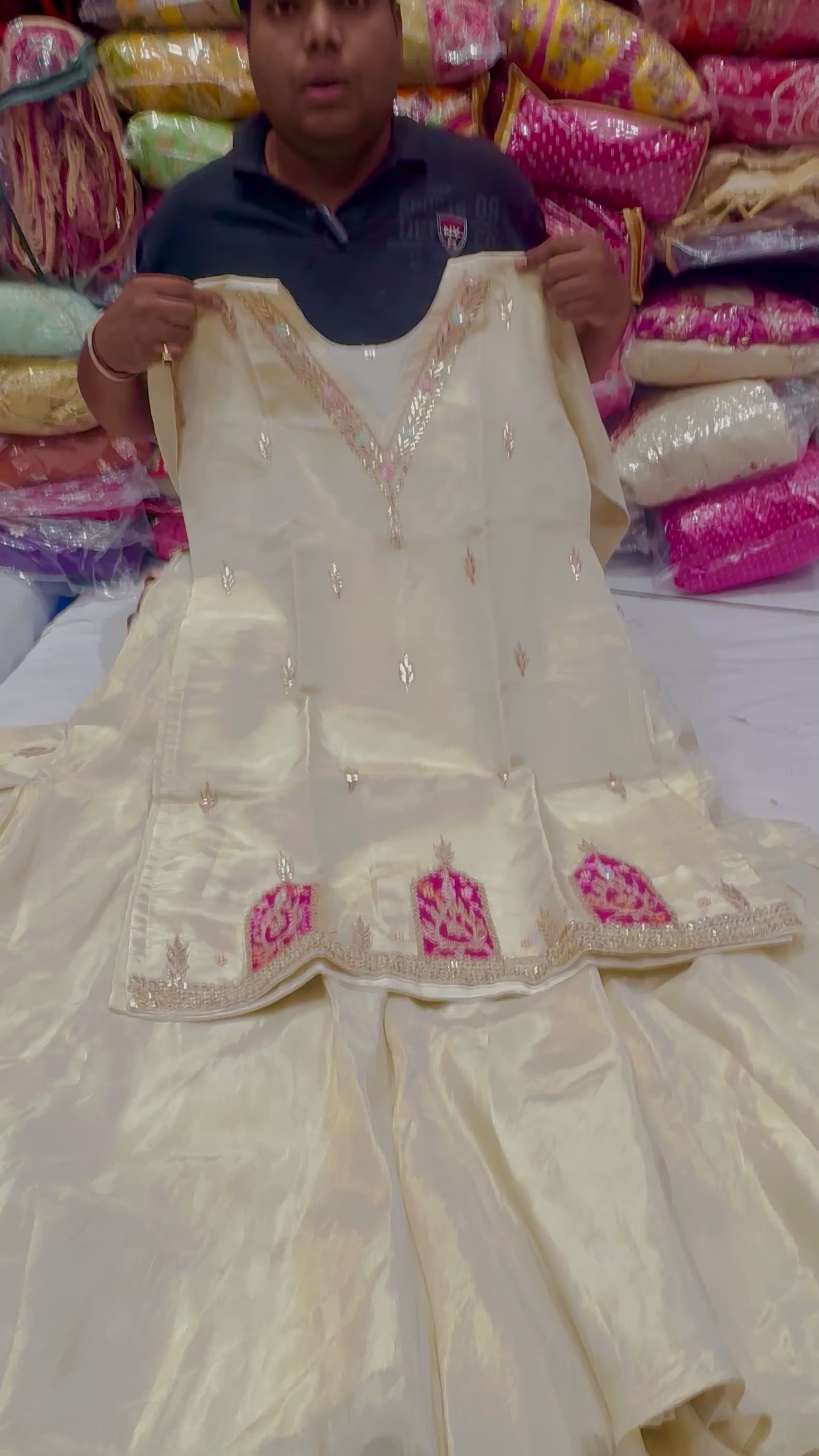 Kurti style tissue lehnga set with patch work of bandhej and zardosi marodi handwork of gotapatti