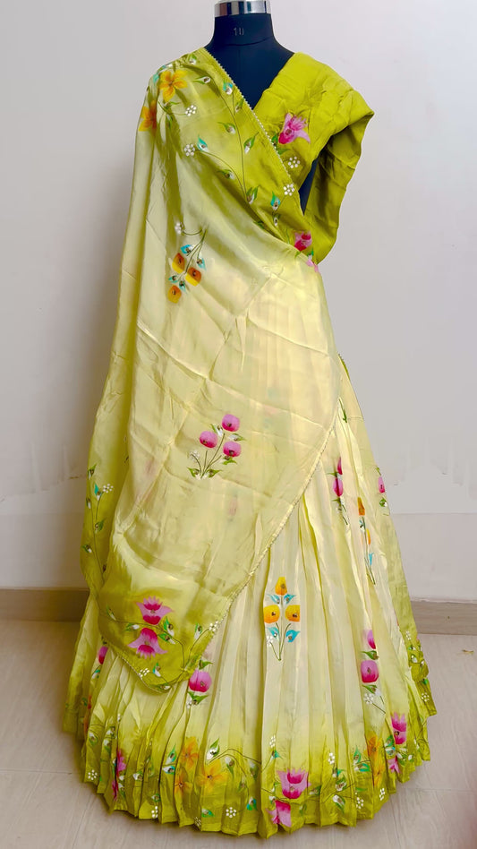 Floral Handpainted Lehnga on upada silk in lemon color pallettes