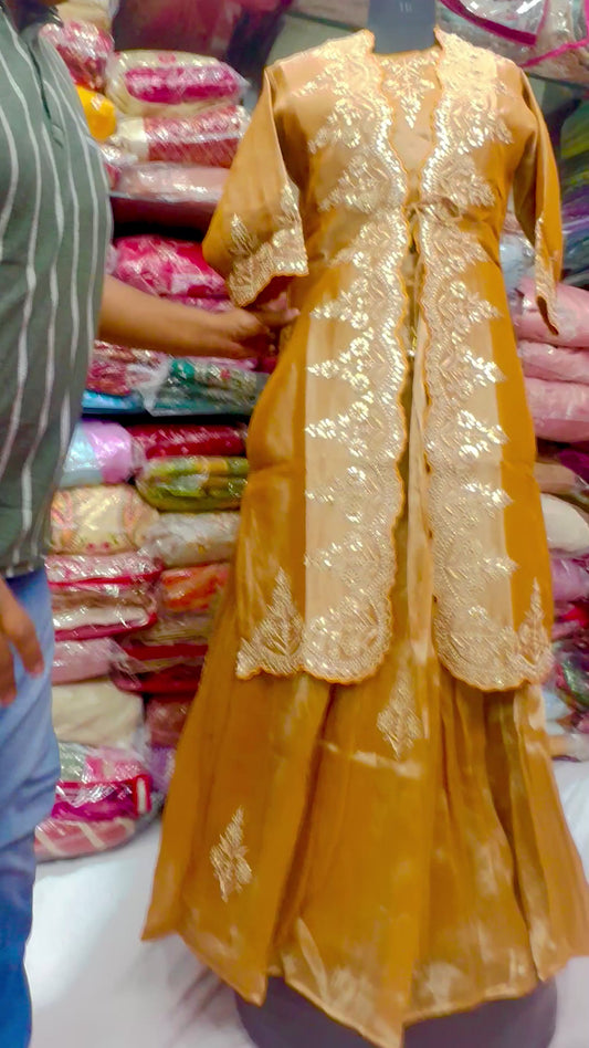 Exclusive Kanjiwaram Tissue indowestern with jacket and blouse of handwork