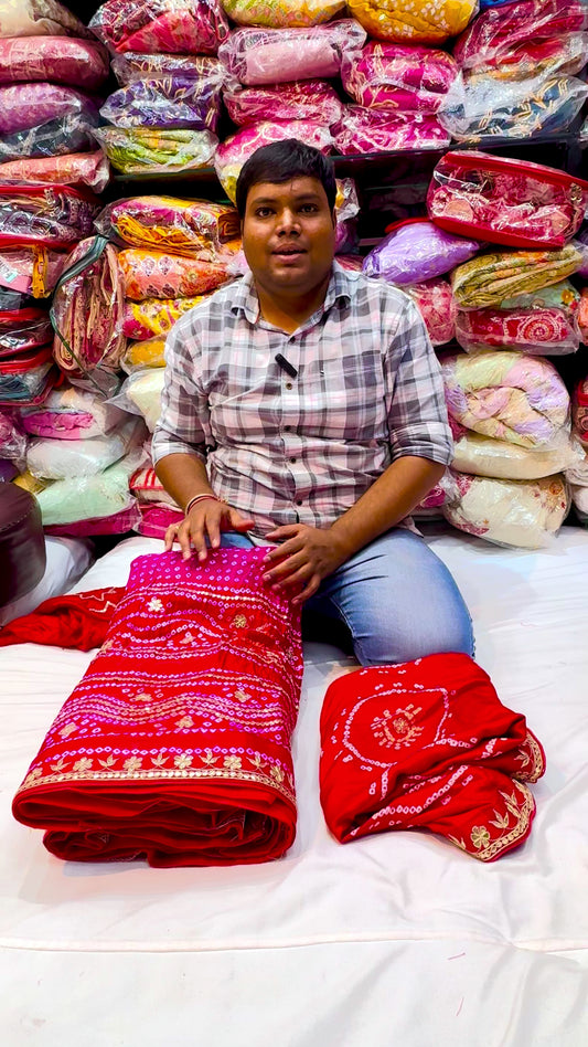 Pure gajji silk hand bandhej lehnga with marodi work and gottapatti handwork in two shade
